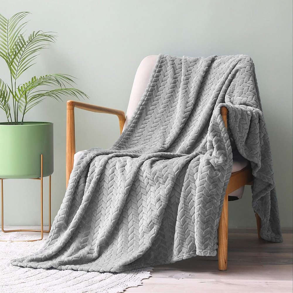 Tan/Beige Neutral Knit Jacquard Weave Pattern Decorative Warm Flannel Blanket - Picture 16 of 16